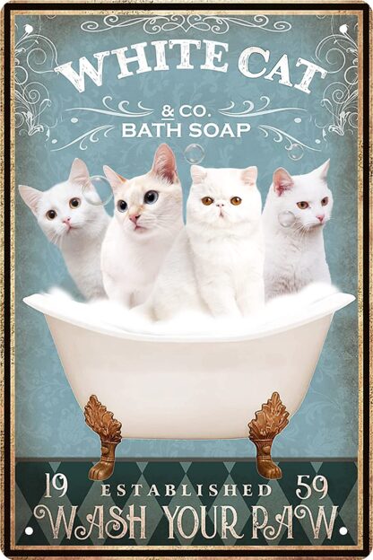 8"x12" Funny White Cat Decor Vintage Bathroom Metal Tin Sign