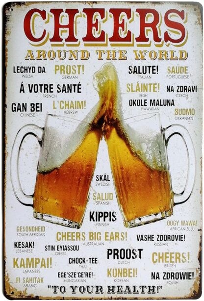8"x12" Cheers Around The World Drinking Distressed Metal Tin Sign