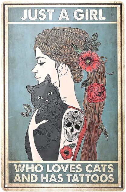 8"x12" Vintage Metal Signs - Tattoo Girl and Cat Retro Tin Signs