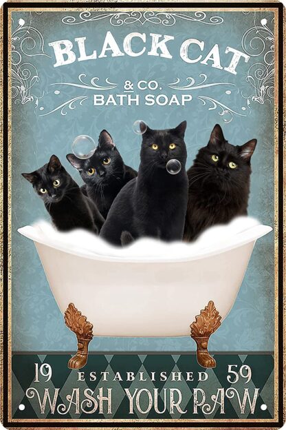 8"x12" Funny Black Cat Decor Vintage Bathroom Metal Tin Sign