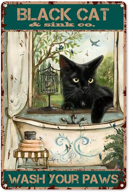 8"x12" Funny Vintage Black Cat Wash Your Paws Tin Sign