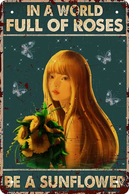 8"x12" Vintage Metal Tin Sign Hippie Girl and Butterflies Sunflower Decor