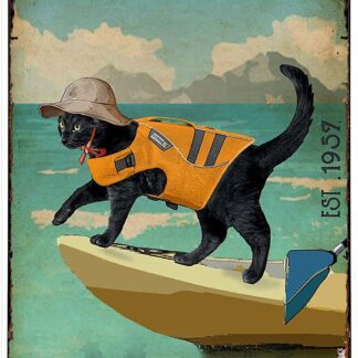 8"x12" Black Cat Vintage Metal Plaque Canoe Kayak Paddle Out