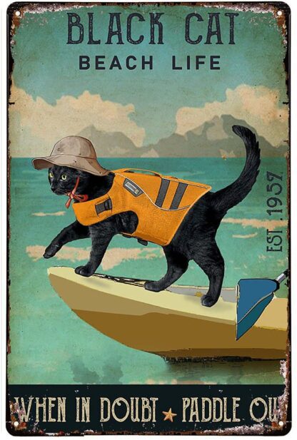 8"x12" Black Cat Vintage Metal Plaque Canoe Kayak Paddle Out