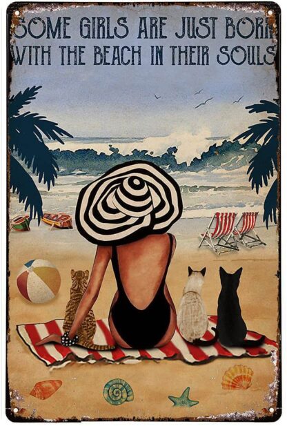 8"x12" Vintage Beach in Their Souls Cats Girl Metal Tin Sign