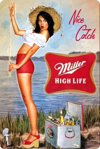 8"x12" Nice Catch Fishing Girl Tin Sign