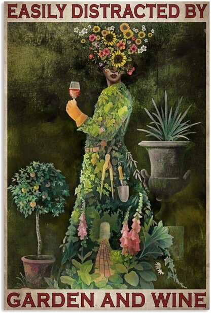 8"x12" Easily Distracted by Garden and Wine Metal Tin Sign