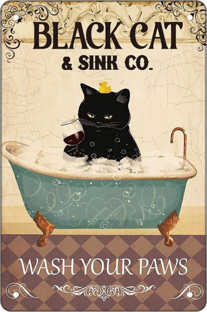 8"x12" Funny Bathroom Vintage Metal Tin Sign Black Cat Decor