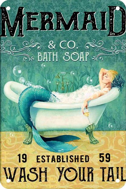 8"x12" Mermaid Funny Bathroom Vintage Metal Tin Sign - Wash Your Tail